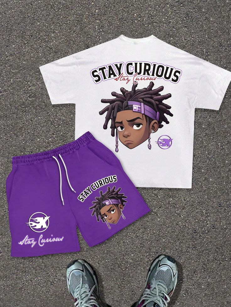 Blueblackie Child T-shirt set of T-shirt and short's printed white t-shirt and purple shorts