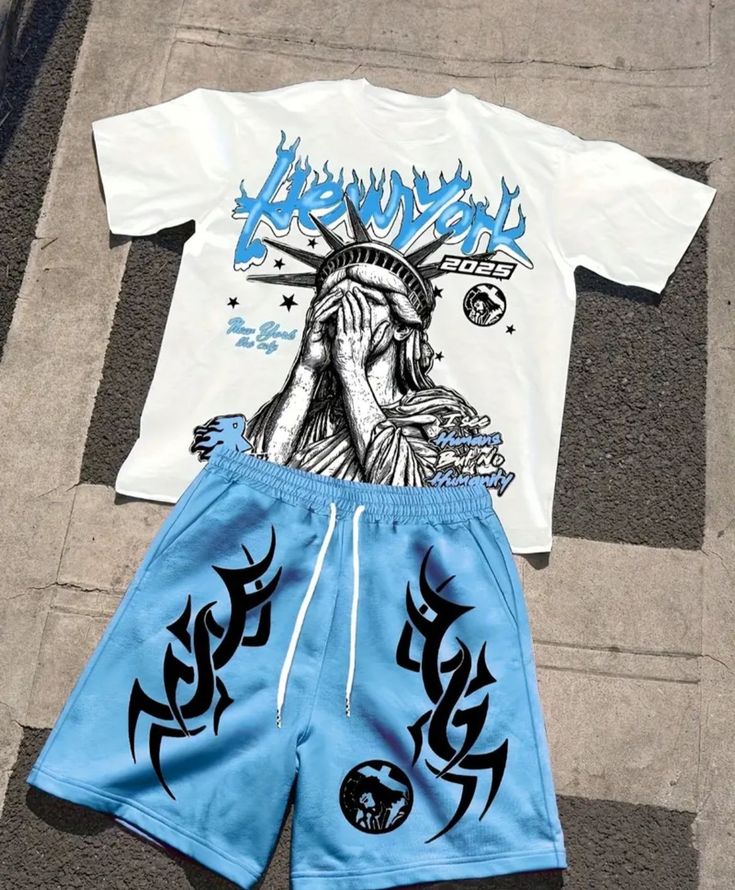 Blueblackie Child T-shirt set of T-shirt and short's printed white t-shirt and blue shorts