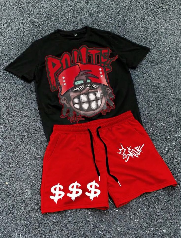 Blueblackie Child T-shirt set of T-shirt and short's printed black t-shirt and Red shorts