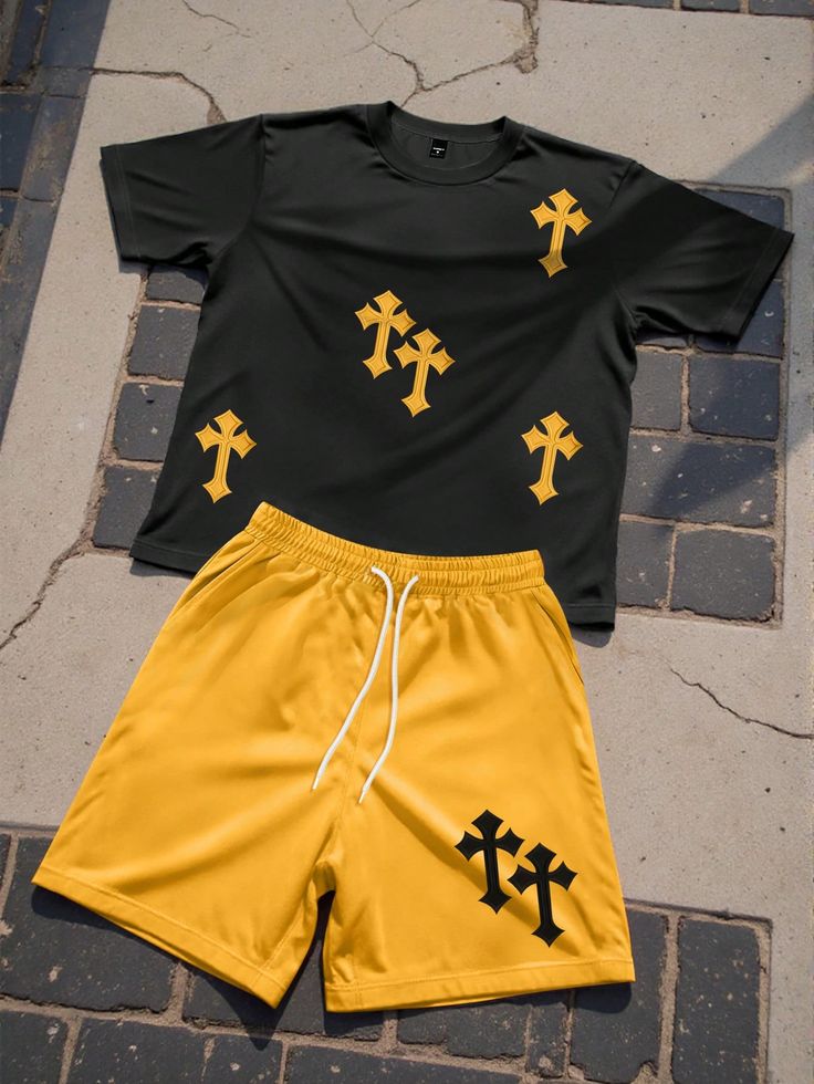 Blueblackie Child T-shirt set of T-shirt and short's printed black t-shirt and Yellow shorts